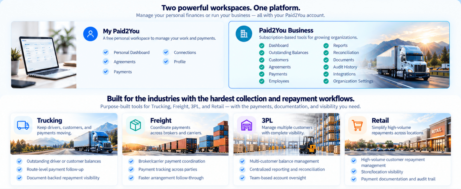 Paid2You Personal and Business workspaces with Trucking, Freight, 3PL, and Retail industry examples